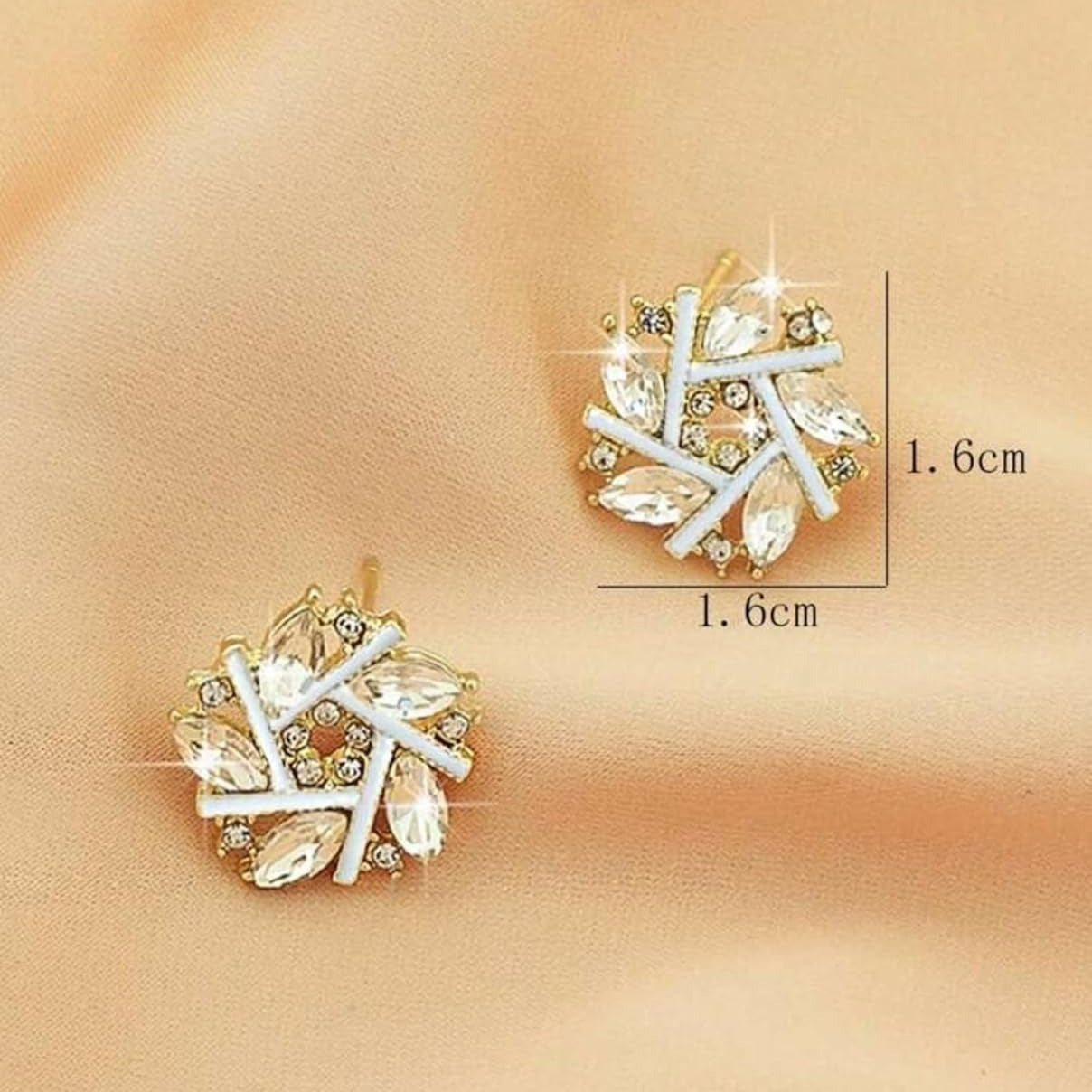 Golden Crystal Snowburst Earrings with size measurement inset.