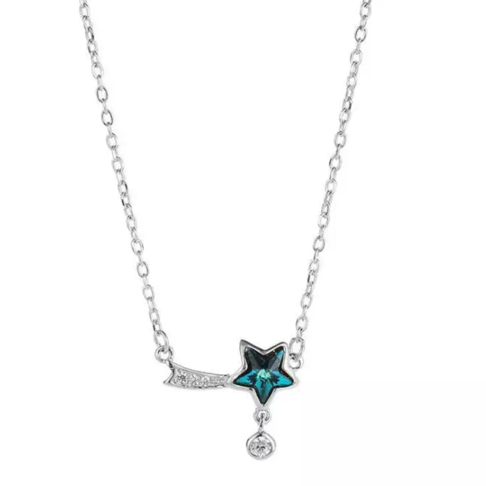 Blue shooting star necklace on white