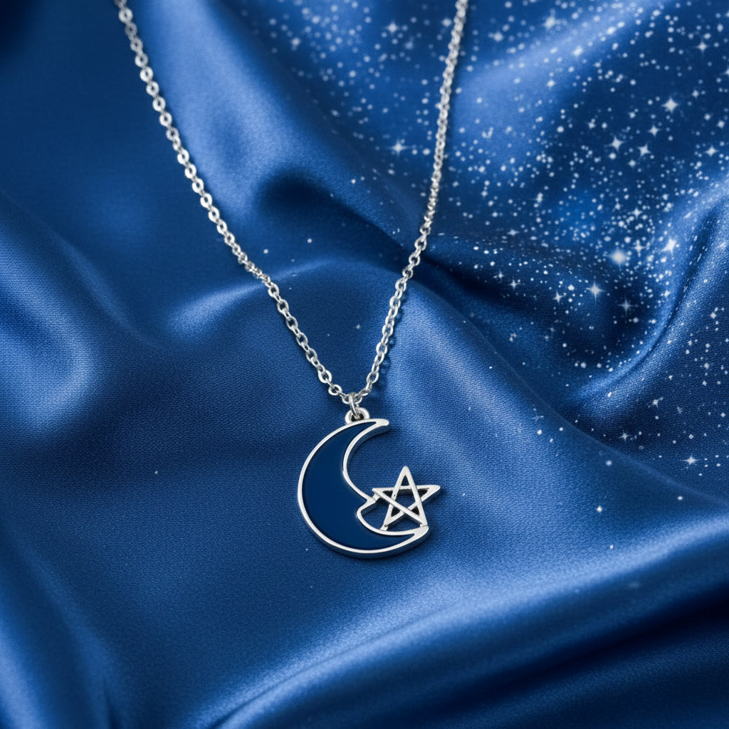 Silver Blue Crescent Moon Star Necklace on a blue satin background