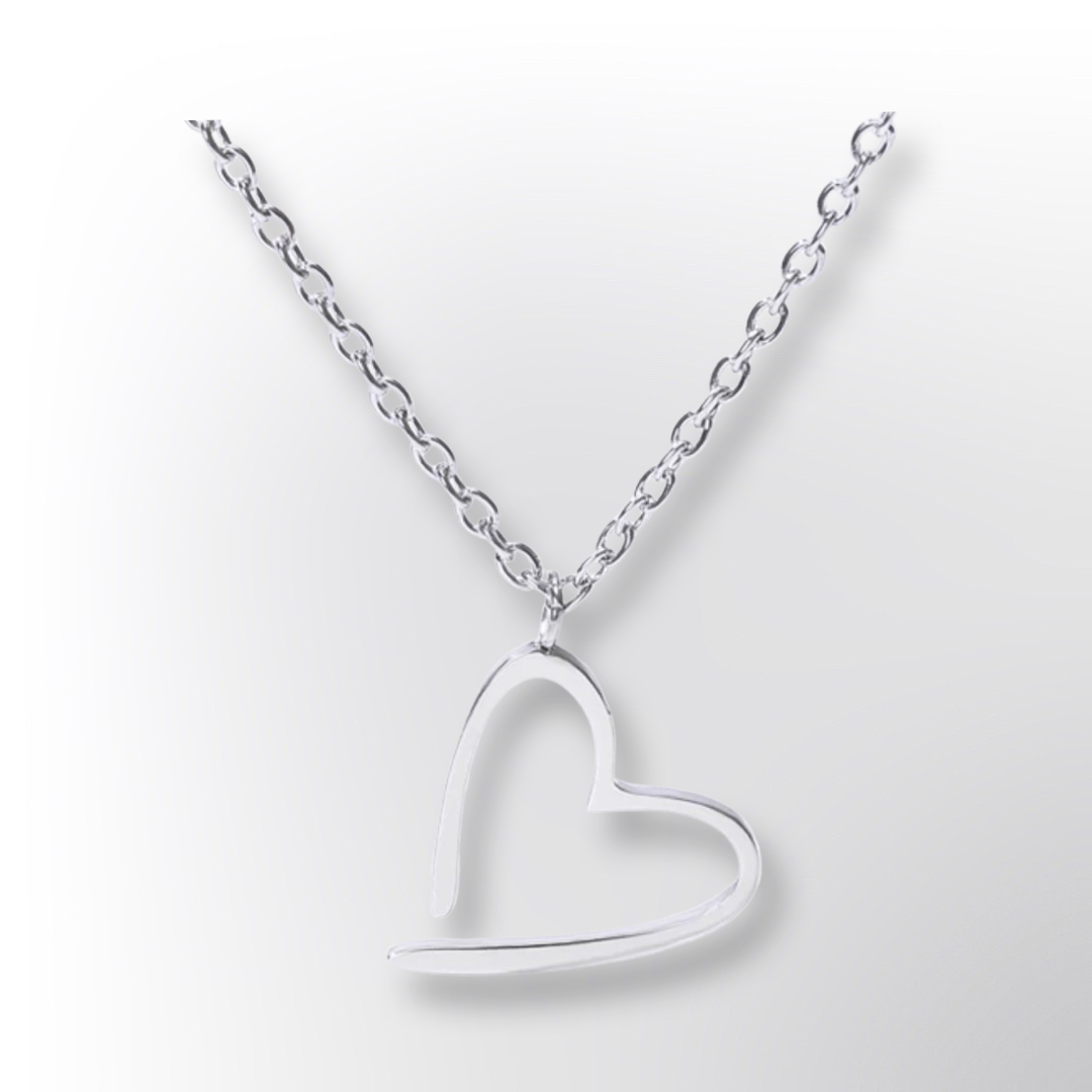 A silver floating heart necklace on a chain.