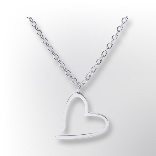 A silver floating heart necklace on a chain.