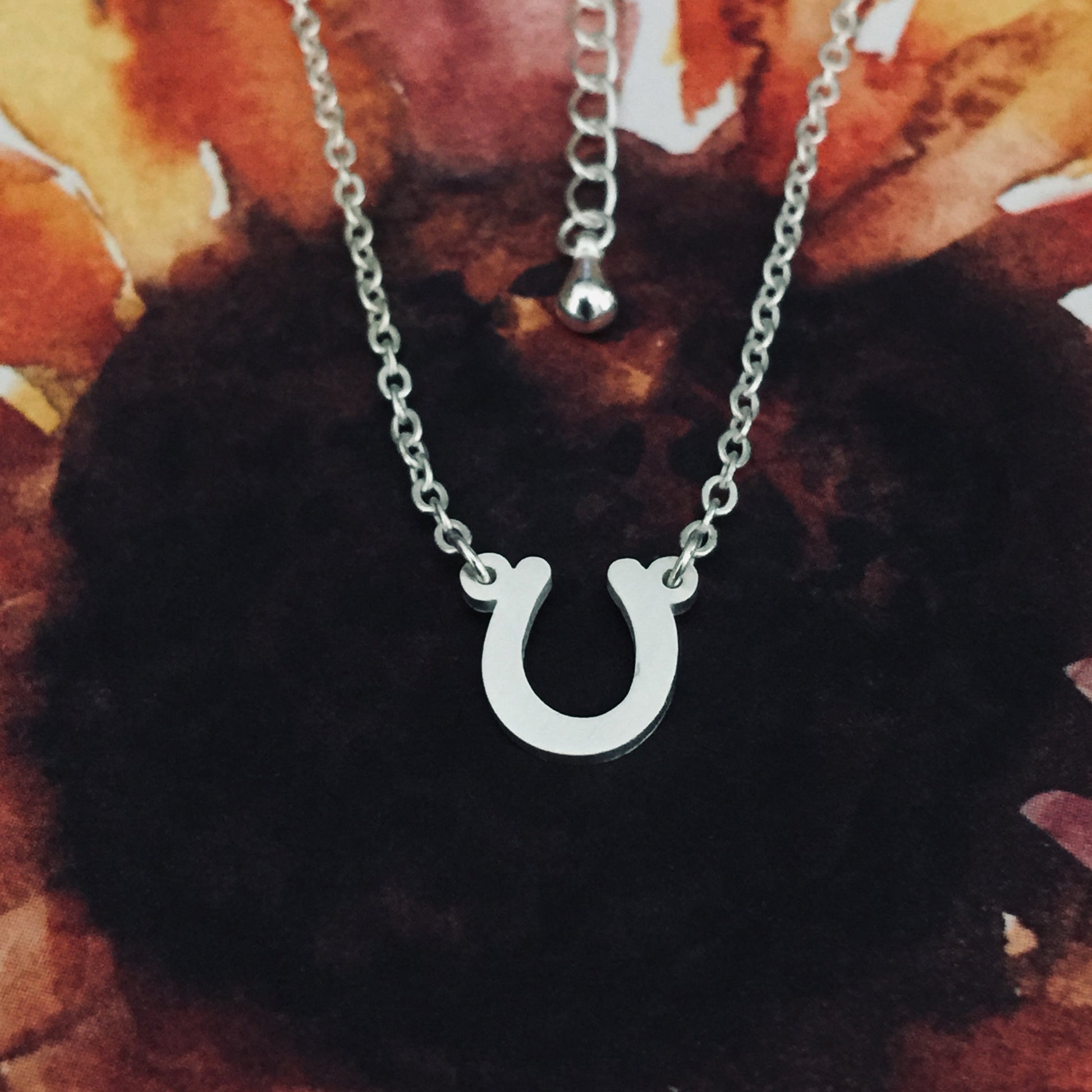 Silver necklace with a horseshoe pendant on a black background