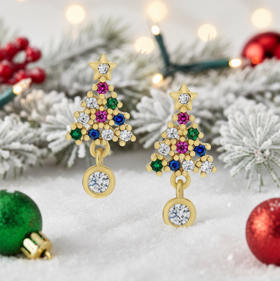 Twinkling Christmas Tree Earrings with colorful gemstones on a white background