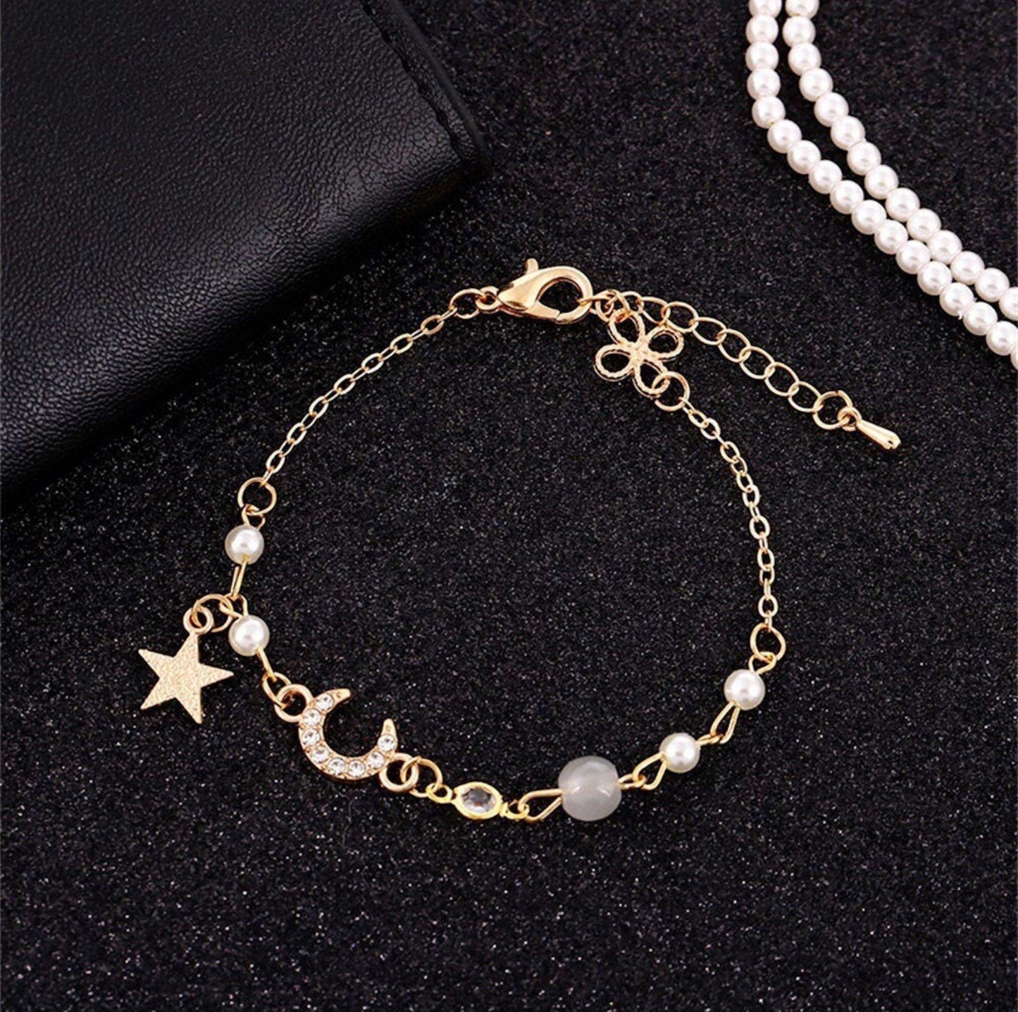 Celestial Moon, Star & Pearl Charm Bracelet