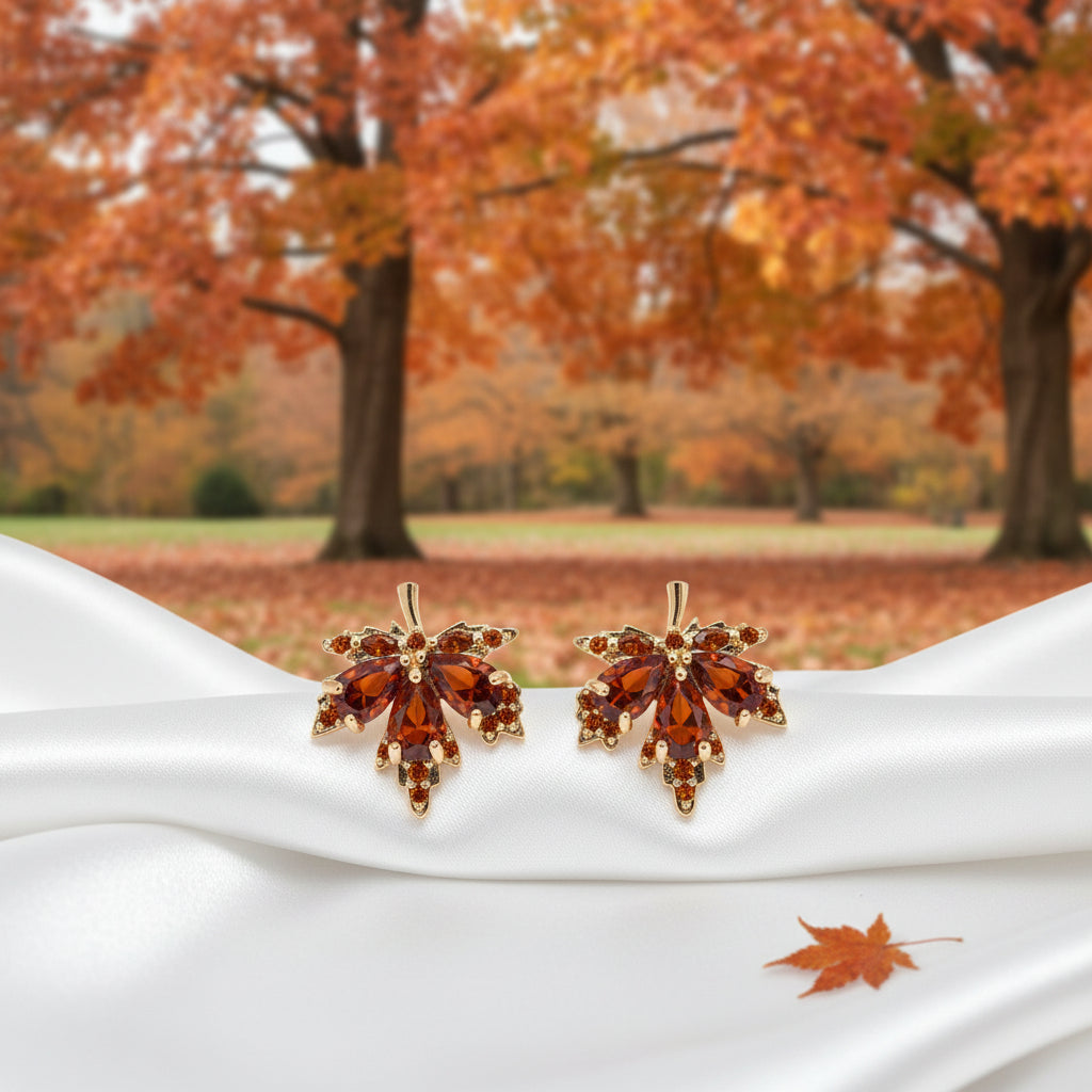 Amber Crystal Maple Leaf Earrings in fall