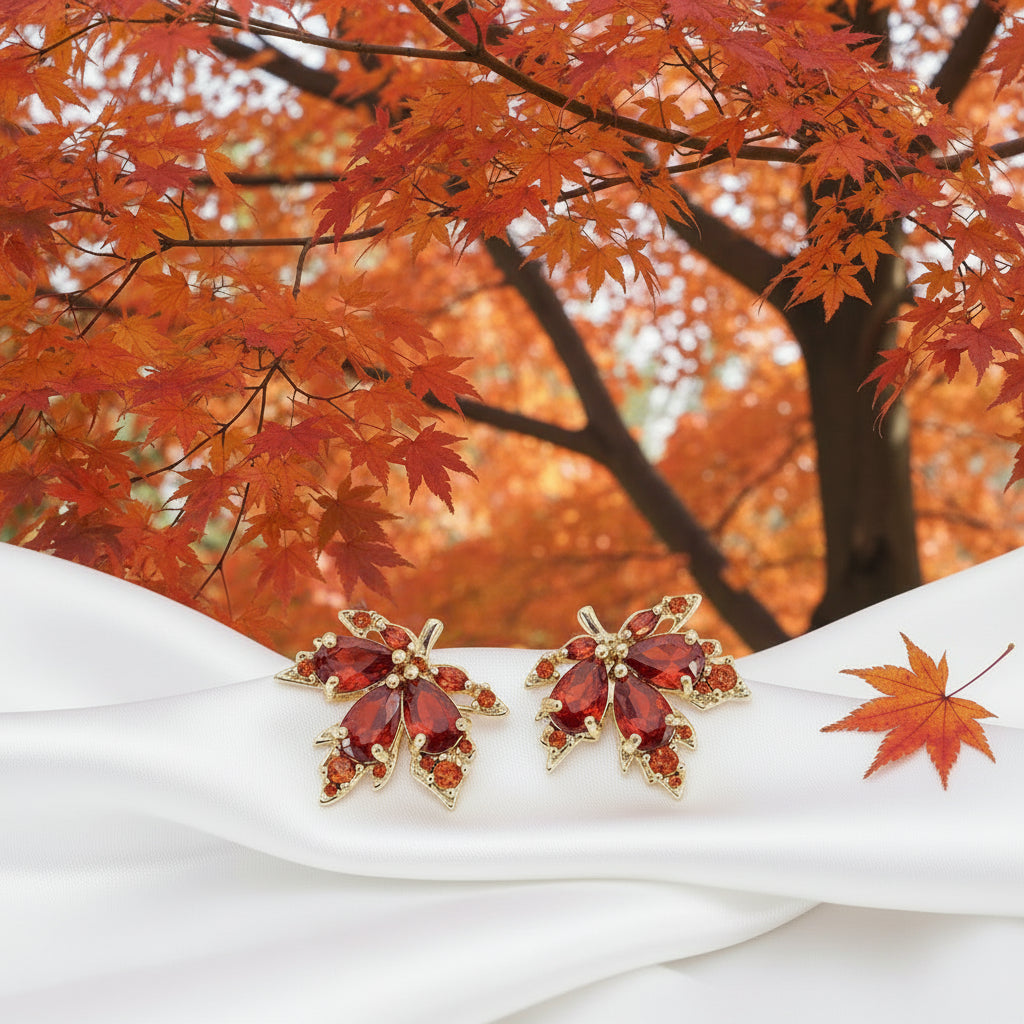 Amber Crystal Maple Leaf Earrings fall scene