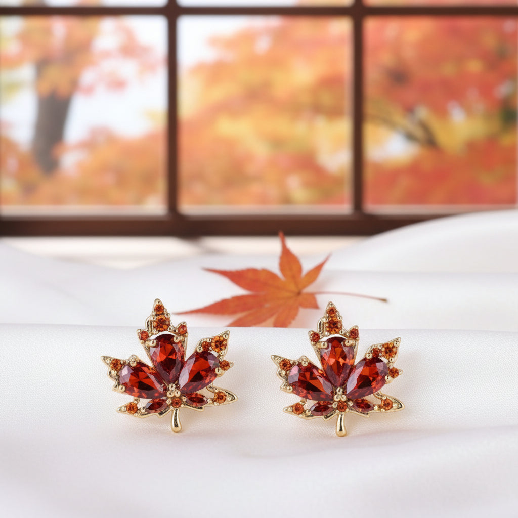 Amber Crystal Maple Leaf Earrings in window