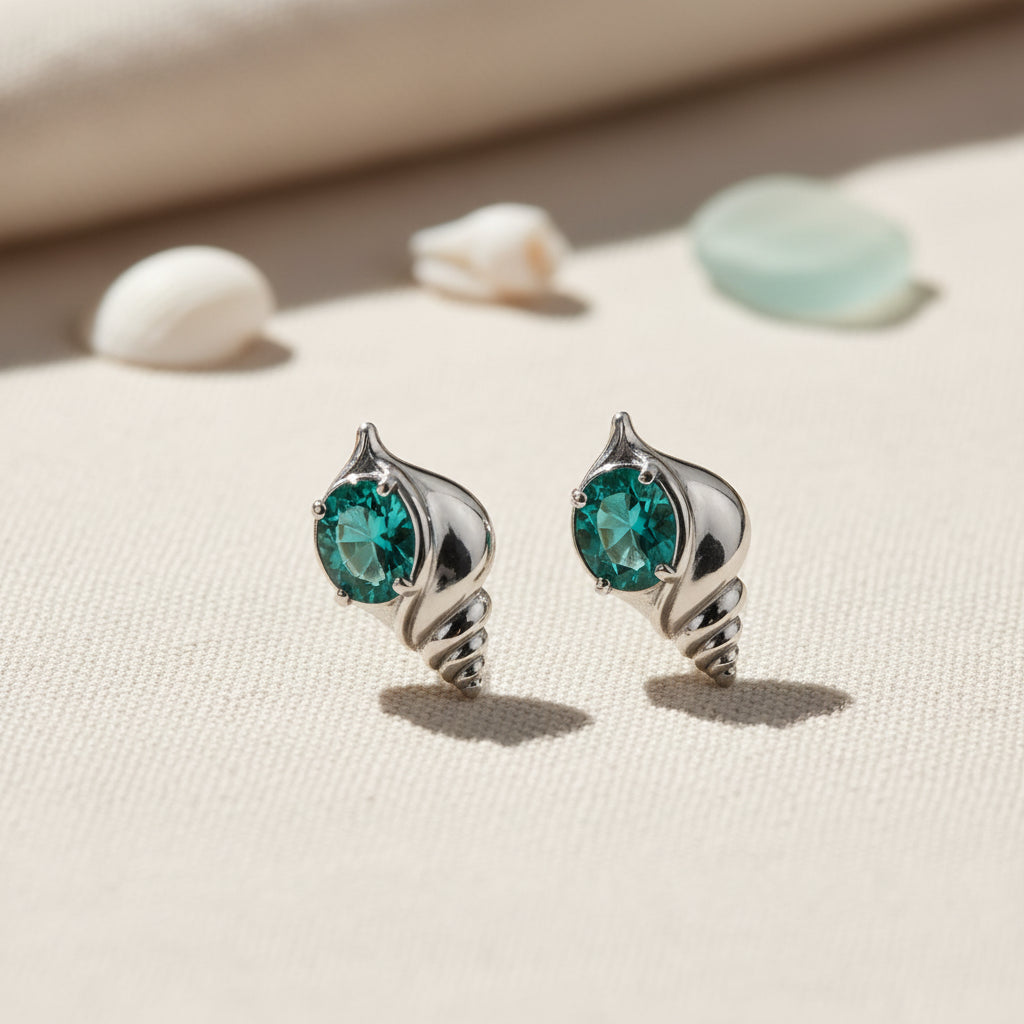 Aqua Gem Seashell Earrings on linen