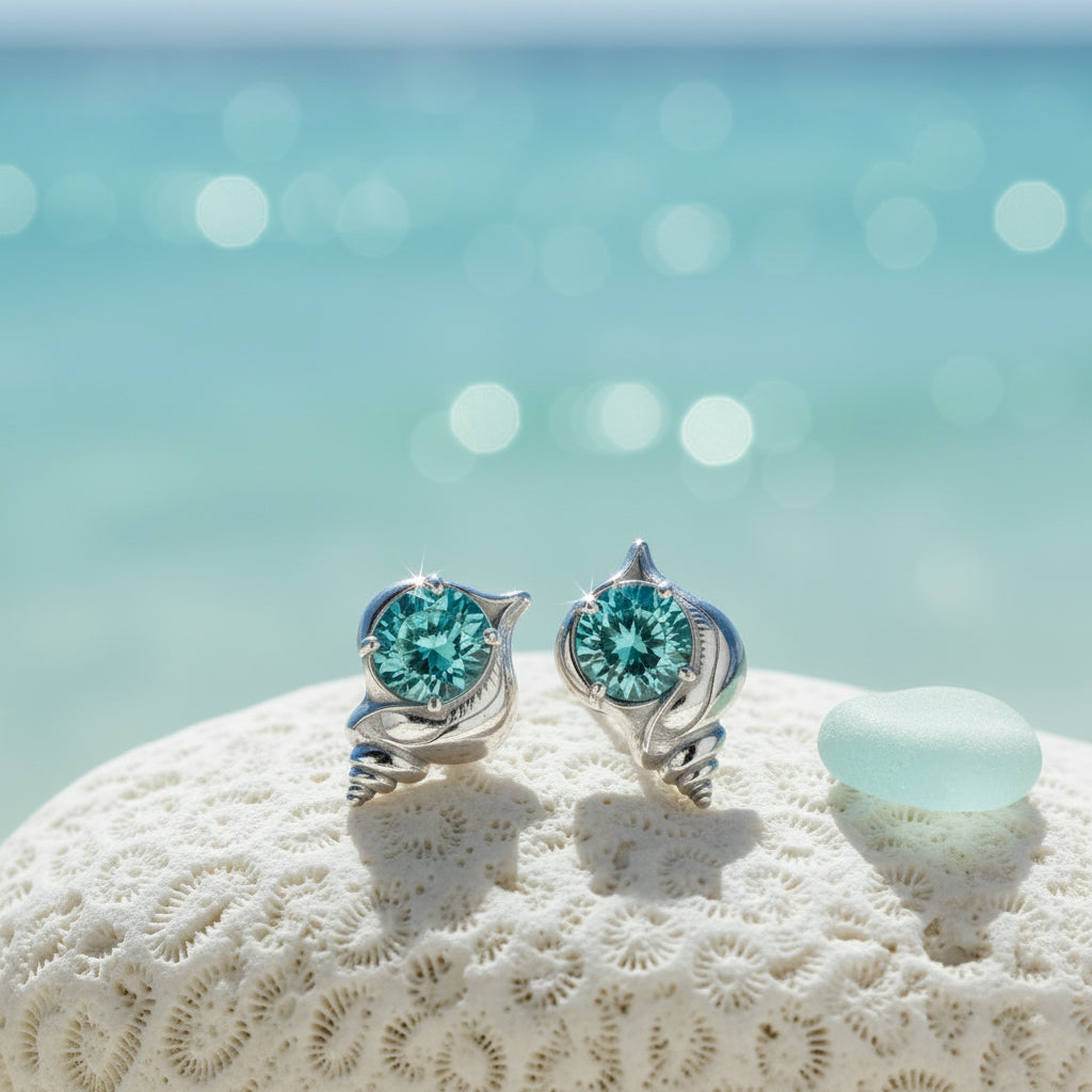 Aqua Gem Seashell Earrings on coral