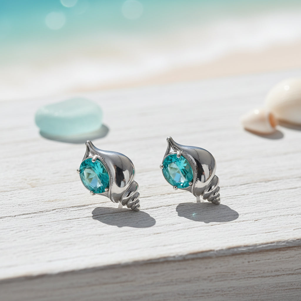 Aqua Gem Seashell Earrings on whitewashed driftwood