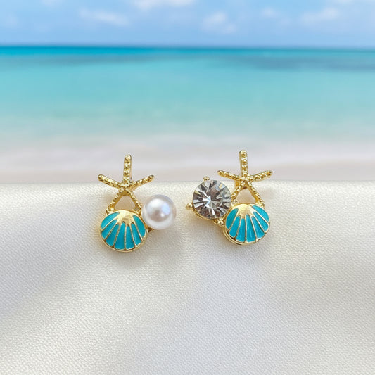 Aqua Shell Pearl & Crystal Starfish Earrings