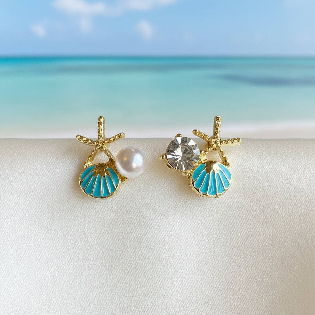 Aqua Shell Pearl & Crystal Starfish Earrings on white