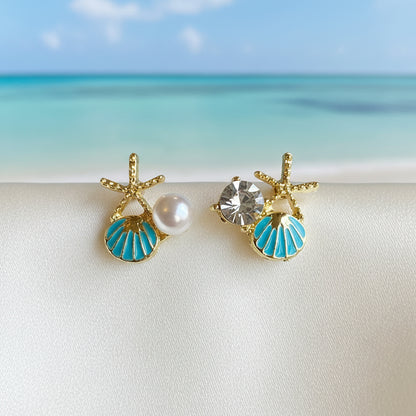 Aqua Shell Pearl & Crystal Starfish Earrings on white