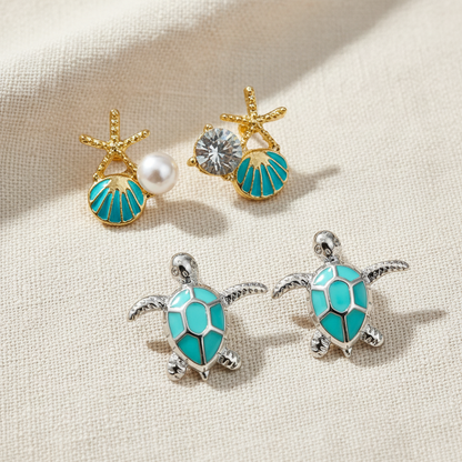 Aqua Shell Starfish & Turquoise Sea Turtle Earring Set on a white background
