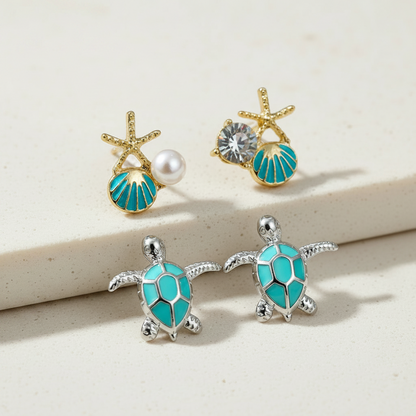 Aqua Shell Starfish & Turquoise Sea Turtle Earring Set on stone