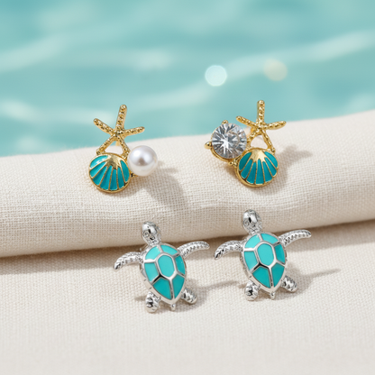Aqua Shell Starfish & Turquoise Sea Turtle Earring Set