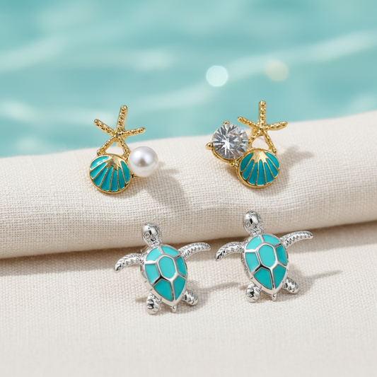 Aqua Shell Starfish & Turquoise Sea Turtle Earring Set
