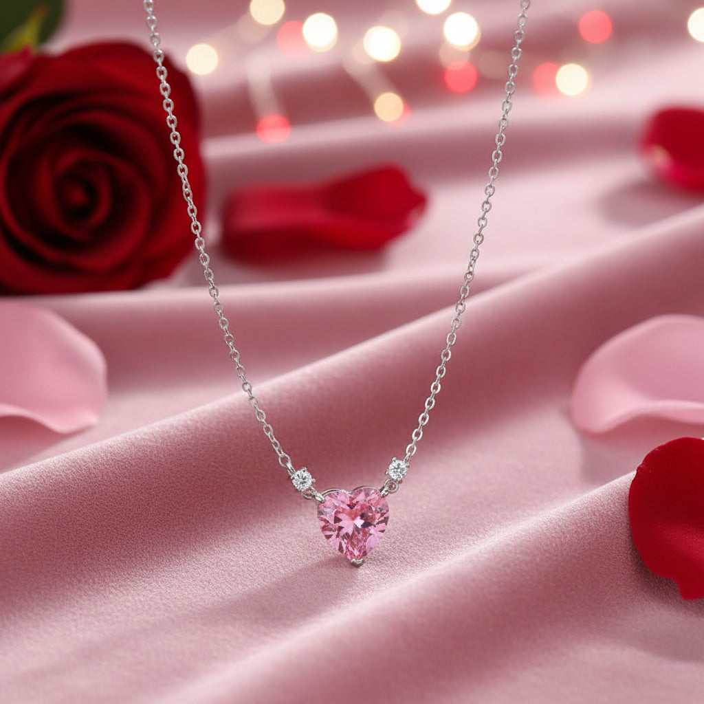 Pink Zirconia Heart Necklace