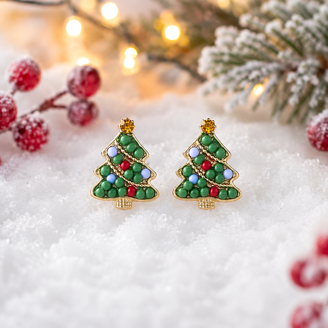 A pair of Beaded Christmas Tree Earrings decorated with green, red, blue, and white enamel and small gold beads, displayed on white faux snow with festive blurred holiday decorations in the background.