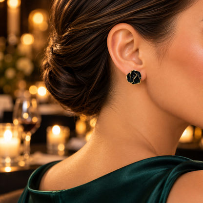 Golden Edge Black Flower Earrings
