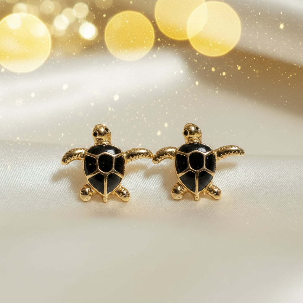 Black & Gold Sea Turtle Earrings with gold lights