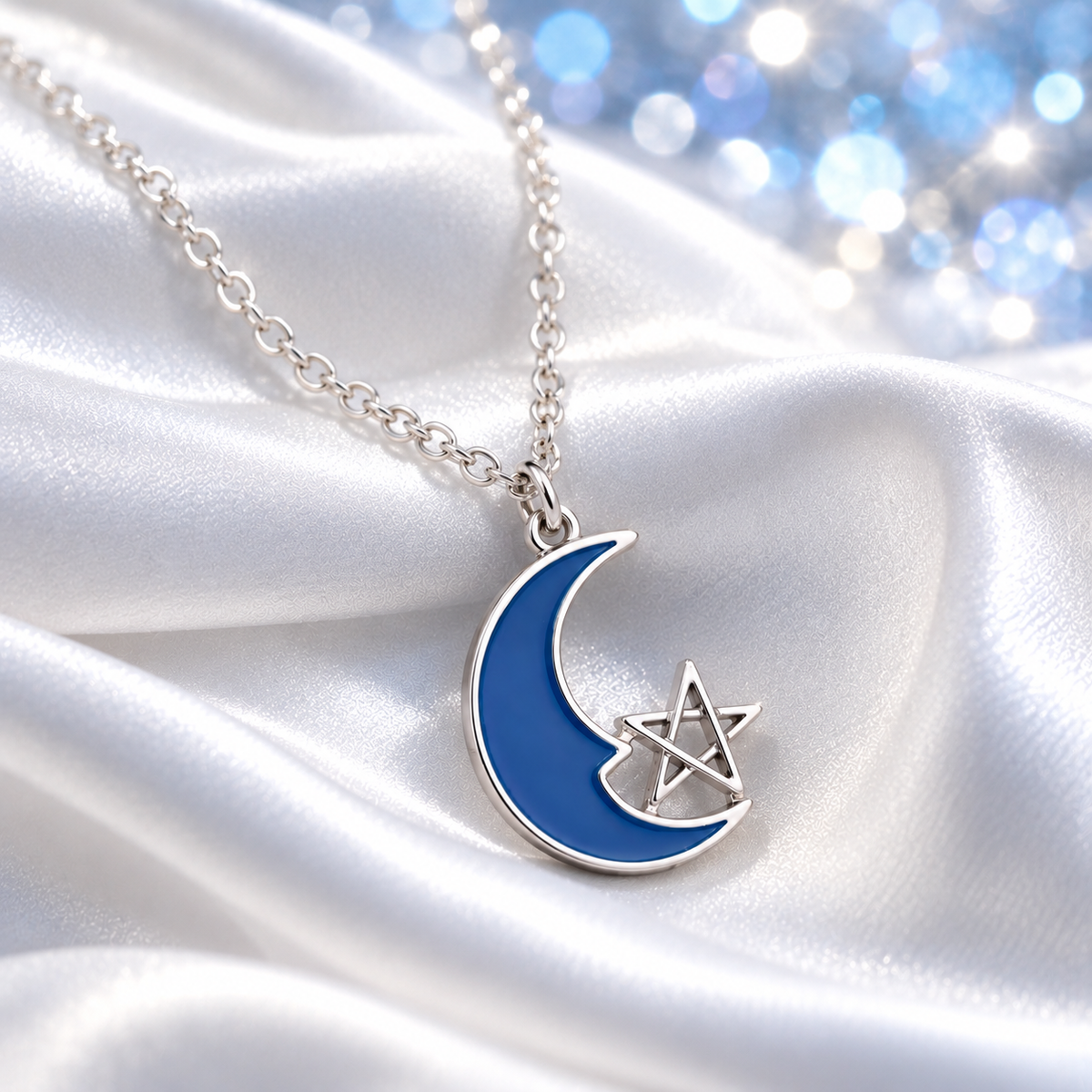 Blue Crescent Moon Star Necklace