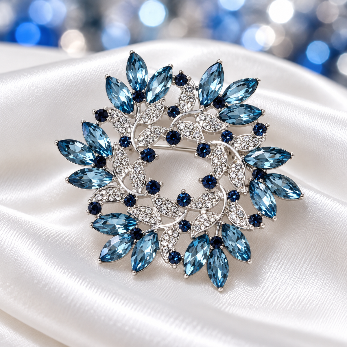 Blue Crystal Wreath Pin on white