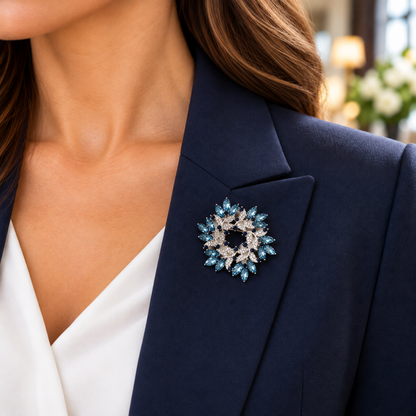 Blue Crystal Wreath Pin navy blazer