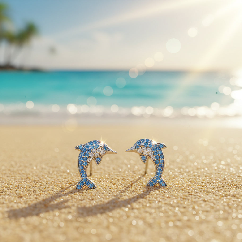 Blue Pavé Dolphin Earrings on a beach
