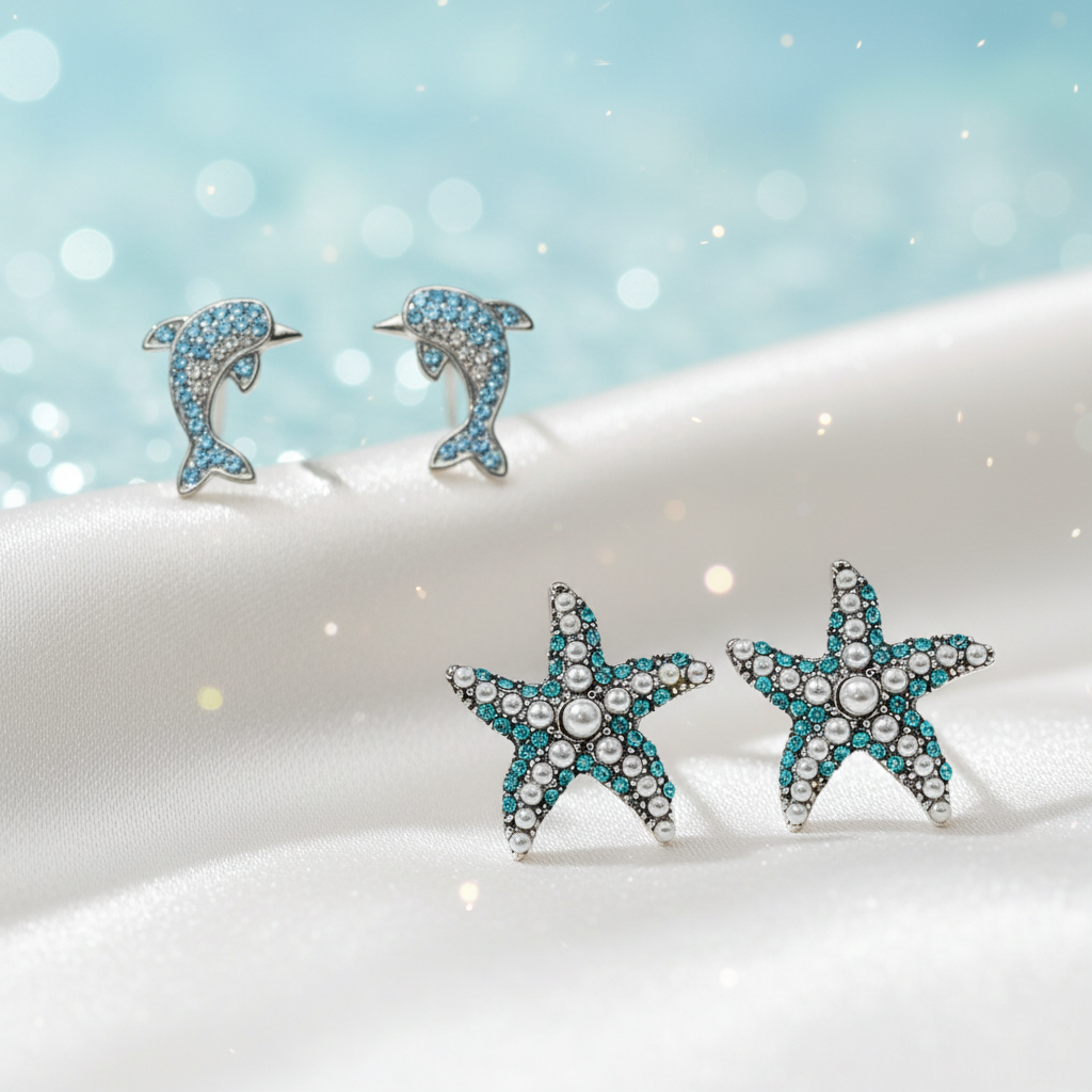 Blue Pavé Dolphin & Ocean Pearl Starfish Earring Set on a white background.