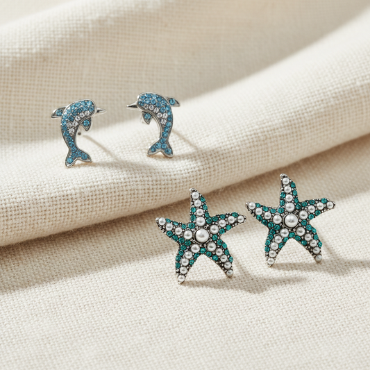 Blue Pavé Dolphin & Ocean Pearl Starfish Earring Seton a white background.