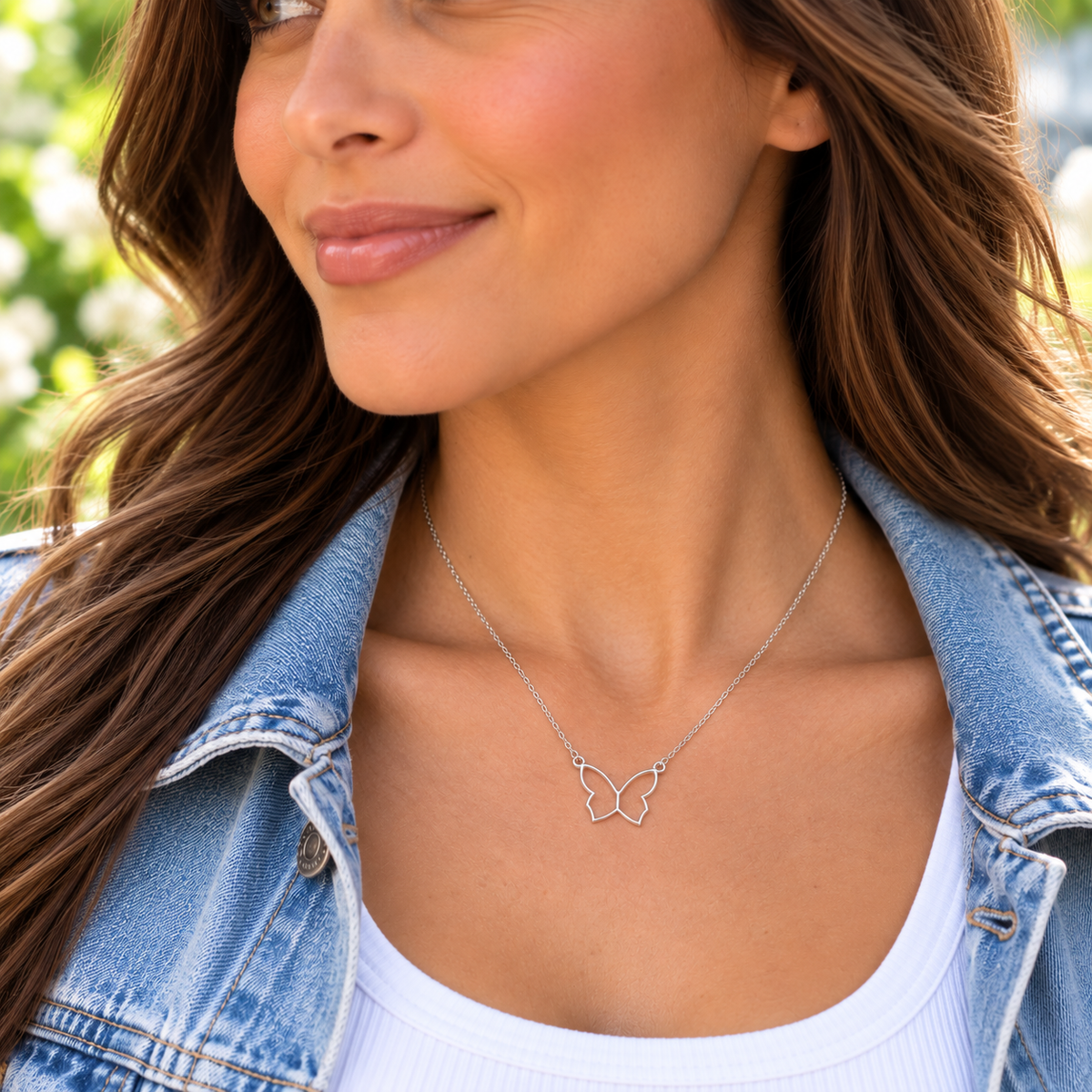Woman wearing butterfly necklace