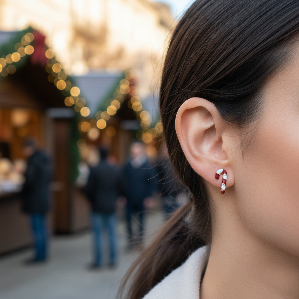 Woman wearing Candy Cane Earrings