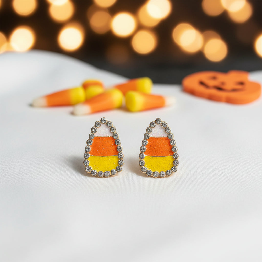 Candy Corn Rhinestone Earrings with candy