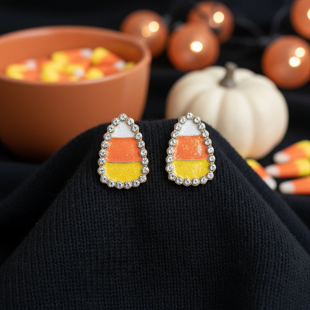 Candy Corn Rhinestone Earrings with candy