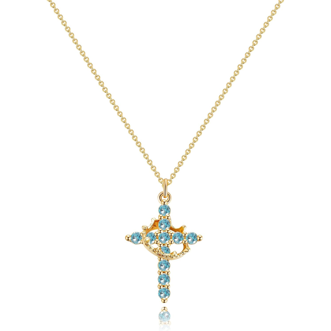 Blue & Gold Crown Cross Faith Necklace