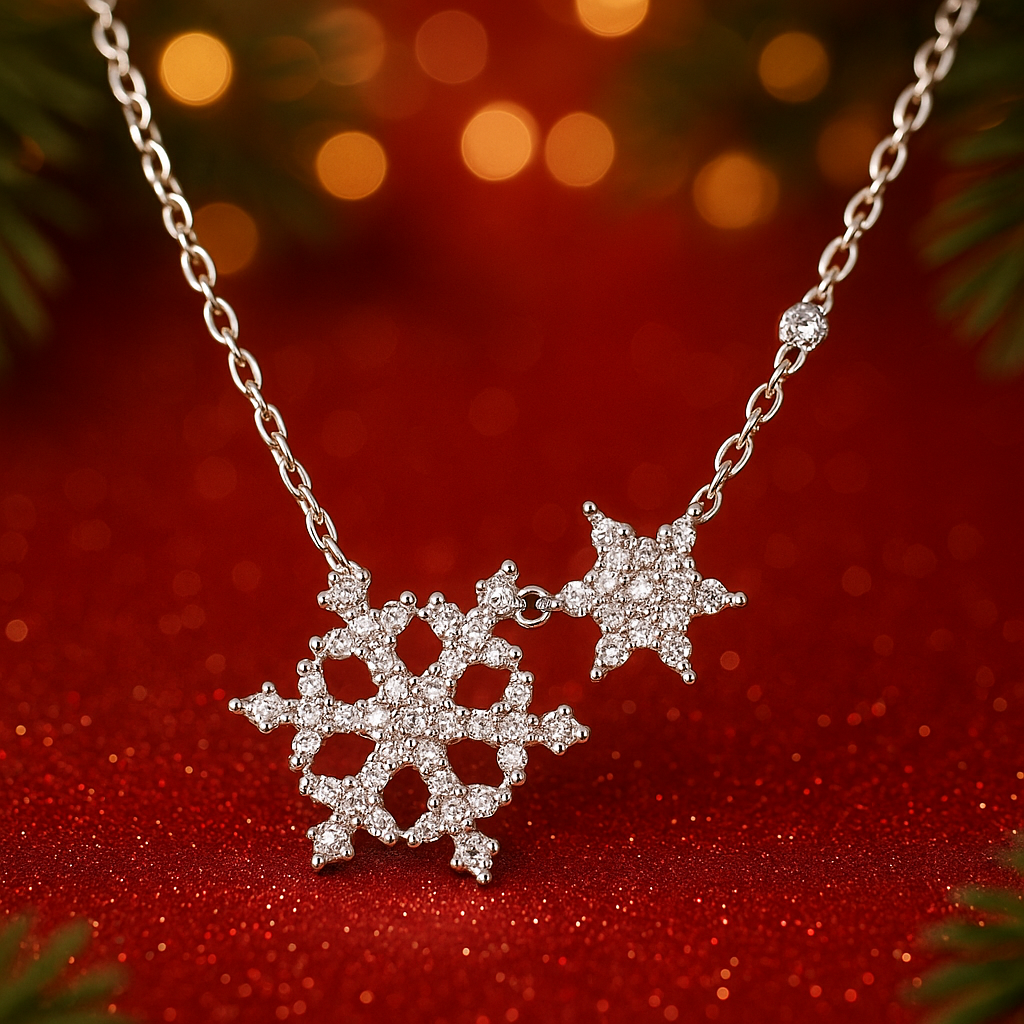 Silver Sparkle Snowflake Necklace with snowflake and star pendant on a red background