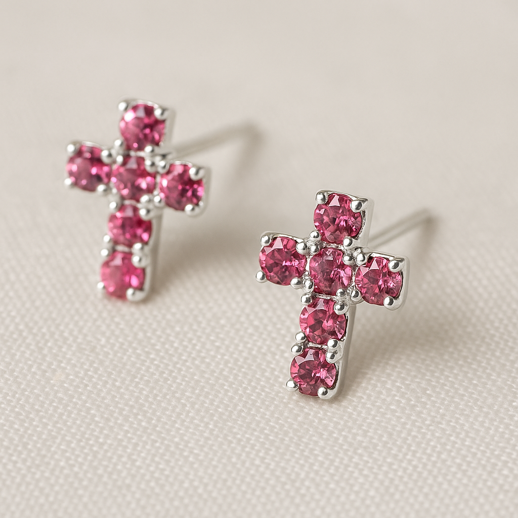 Pink Rhinestone Cross Earrings on a beige background
