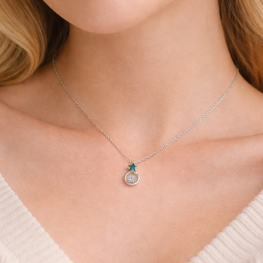 Midnight Star Halo Necklace worn by model