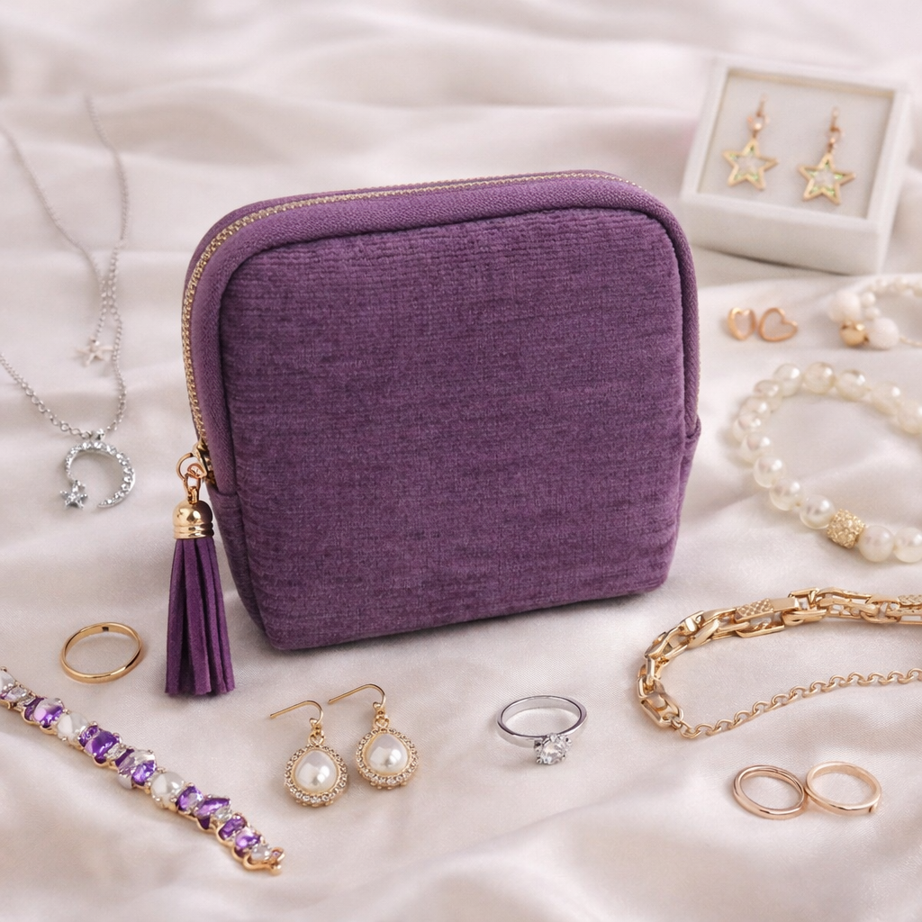 Purple Starcella Jewelry Organizer Travel Case with tassel, with various accessories on a light background