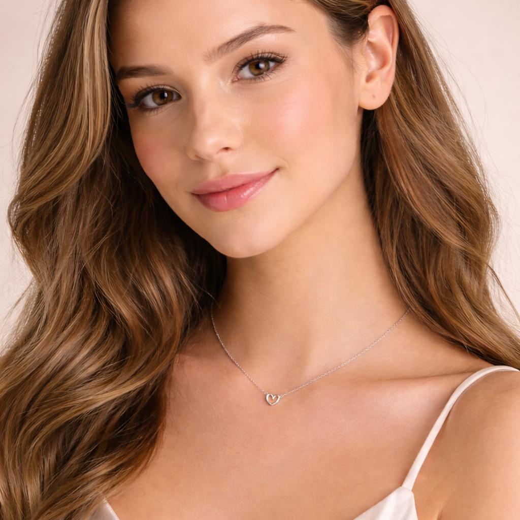 Woman wearing a delicate necklace with a heart pendant against a neutral background