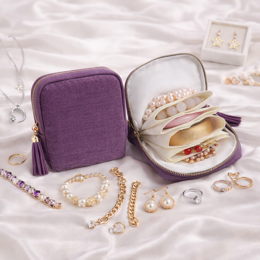 Starcella Jewelry Organizer Travel Case open and closed view with jewelry inside the pockets
