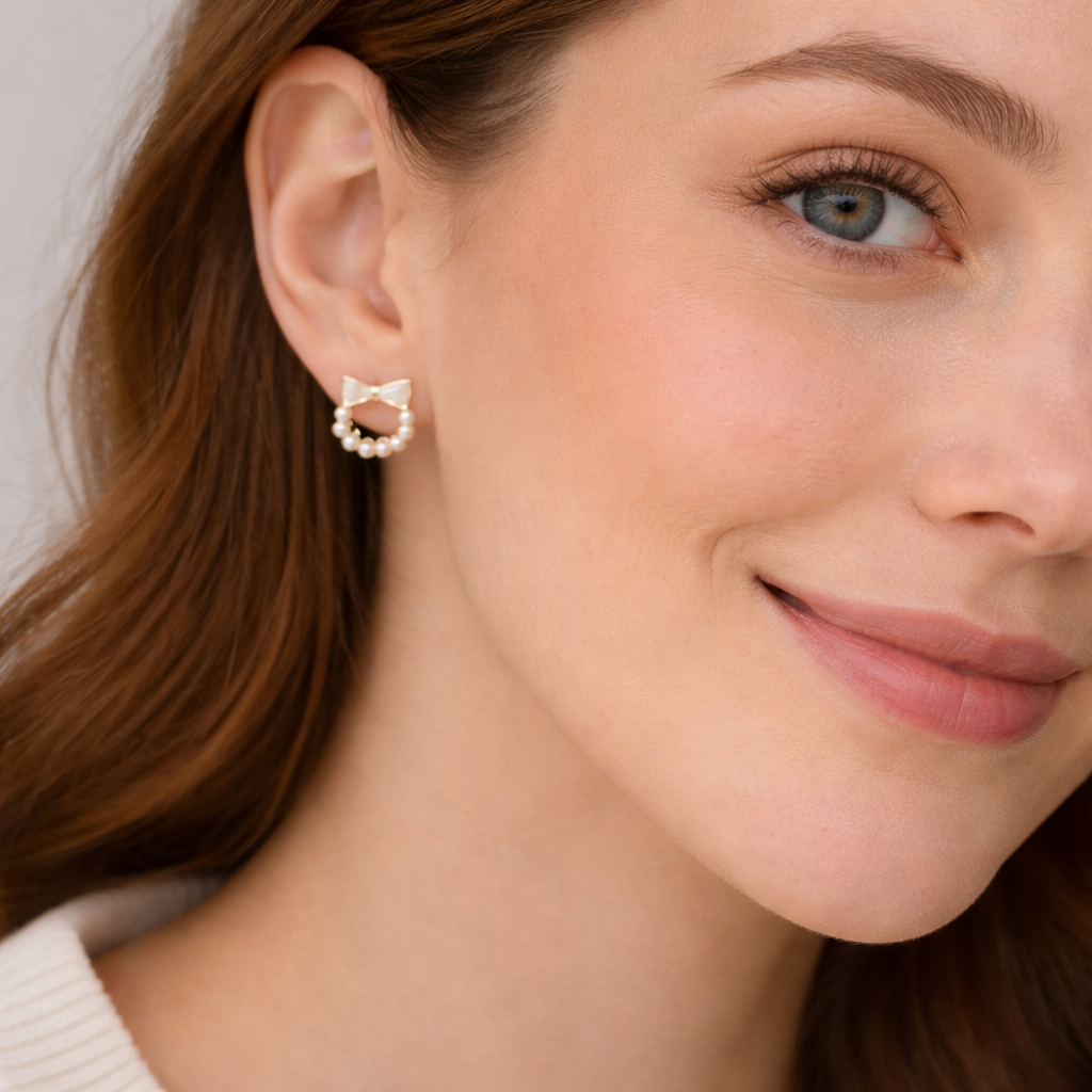 Close-up of a woman wearing a Ivory Bow Pearl Wreath Earring.