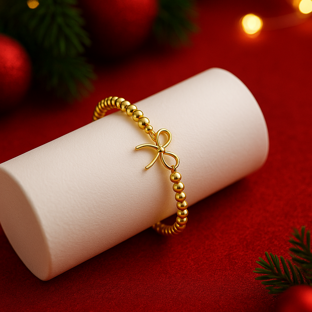 Gold Bow Bead Bracelet on a white cylindrical stand against a red background with Christmas decorations.