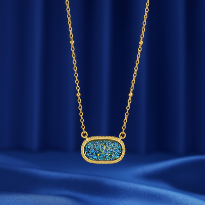 Blue Druzy Oval Pendant Gold Necklace