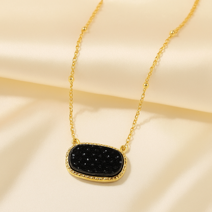 Black Druzy Oval Pendant Gold Necklace