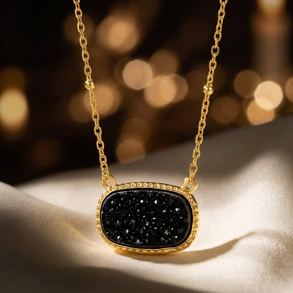 Black Druzy Gold Necklace