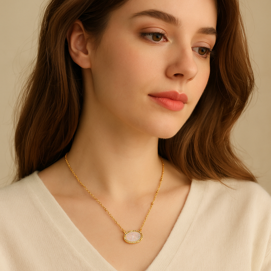 Woman wearing the White Opal Druzy Glow Pendant Gold Necklace