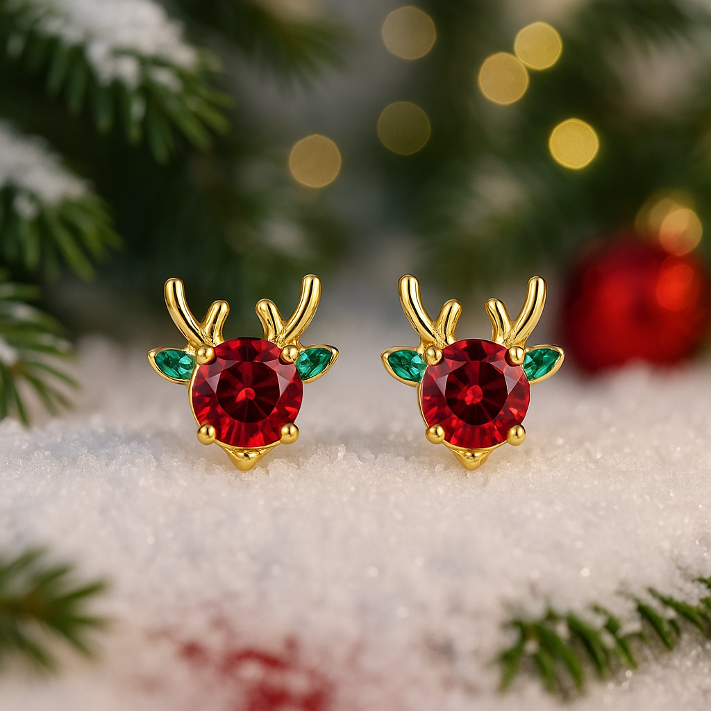 Holiday Red & Green Reindeer Stud Earrings with red and green stones on a snowy background with Christmas decorations.