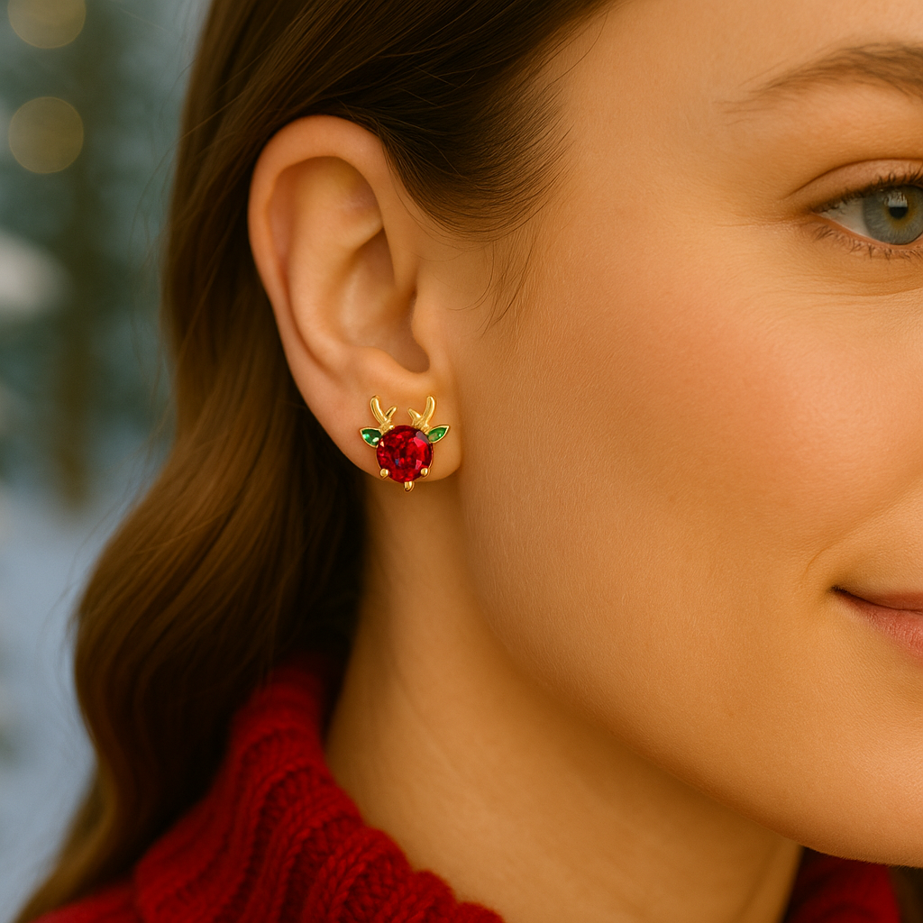 Close-up of a woman wearing a Holiday Red & Green Reindeer Earring with a red gemstone against a blurred background.